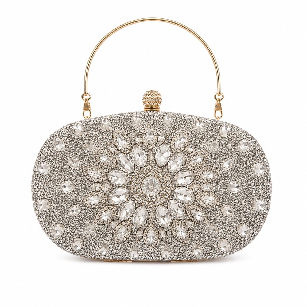 Ramla Crystal Rhinestone Clutch Evening Bag Womens Silver Formal Wedding NEW